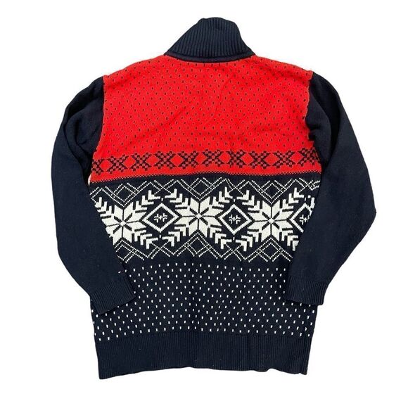 TOMMY HILFIGER Fair Isle Christmas Cardigan Navy Red White Sweater Zip Men's L - Picture 2 of 9